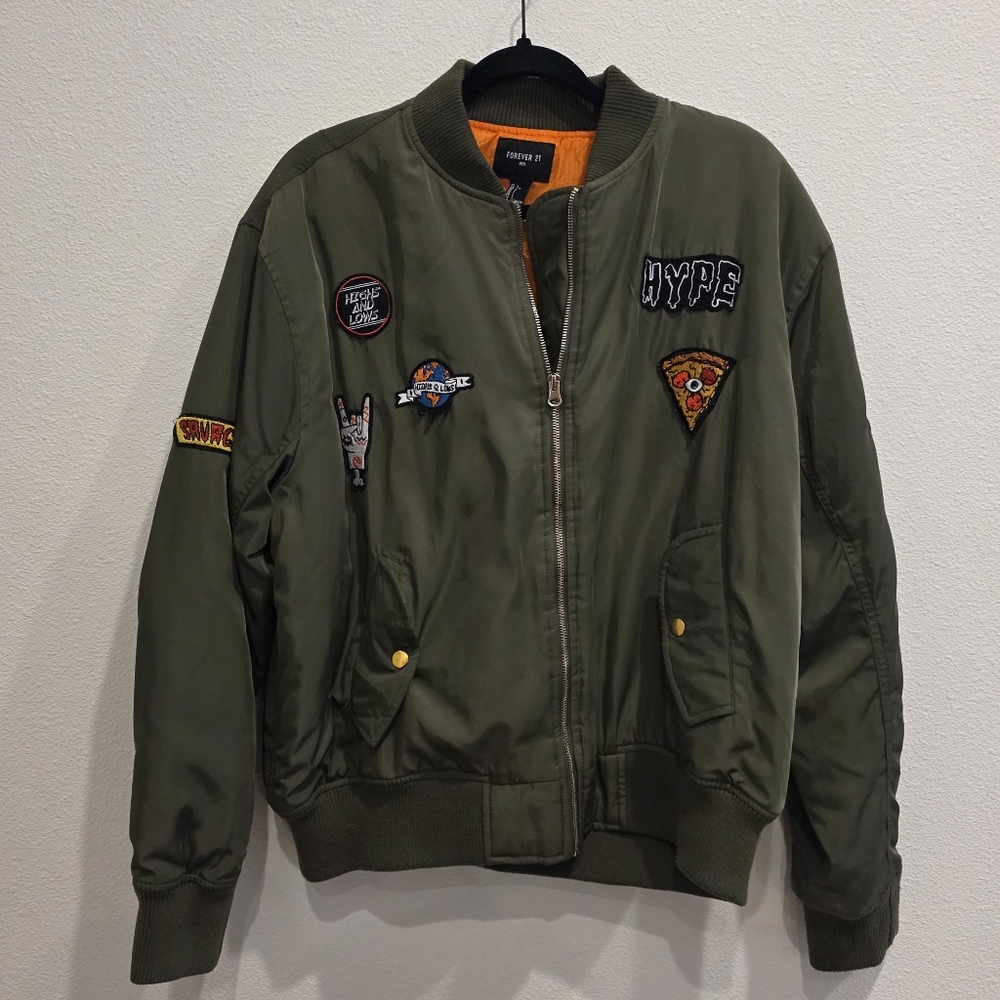 Forever 21 Olive Bomber Jacket with Patches